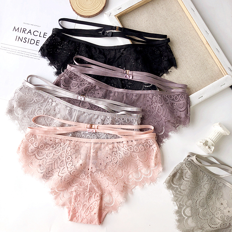 Sexy Strap Method Type Eyelash Lace No Mark Low Waist Triangle Pants Bag Hip Hollowed-out Underwear Fairy Safety Pants Cotton Inner Lining
