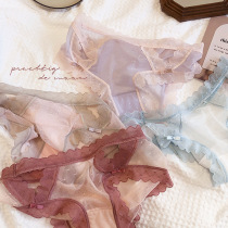 ins Han Wind Transparent Mesh Yarn Collision Color Lace Side Sexy Perspective Low Waist Triangle Pants No-Scratched Breathable Cotton Crotch Pants