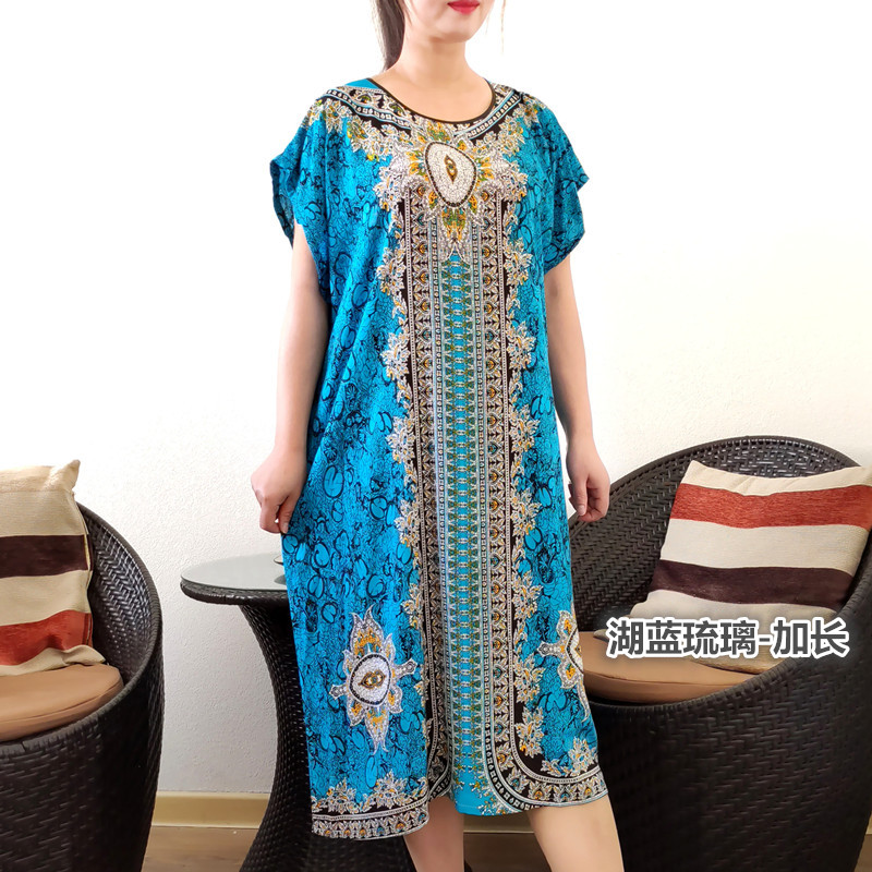 Water Lake Blue & Lake Blue GlazeIncrease fertilizer Nightdress female summer Short sleeve middle age mom Pure cotton silk pregnant woman Fat mm pajamas Can be worn out leisure wear thin