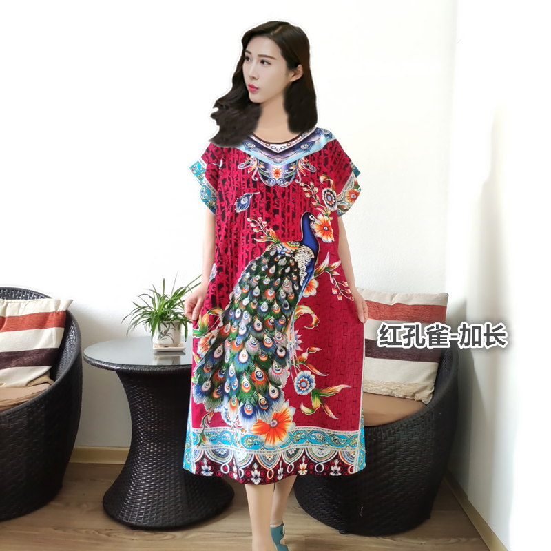 Watermelon Red & Red PeacockIncrease fertilizer Nightdress female summer Short sleeve middle age mom Pure cotton silk pregnant woman Fat mm pajamas Can be worn out leisure wear thin
