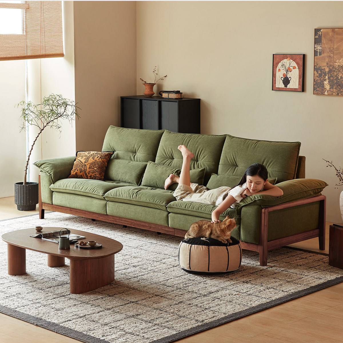  Диван из натурального дерева для гостиной, зеленая ткань, новая коллекция 