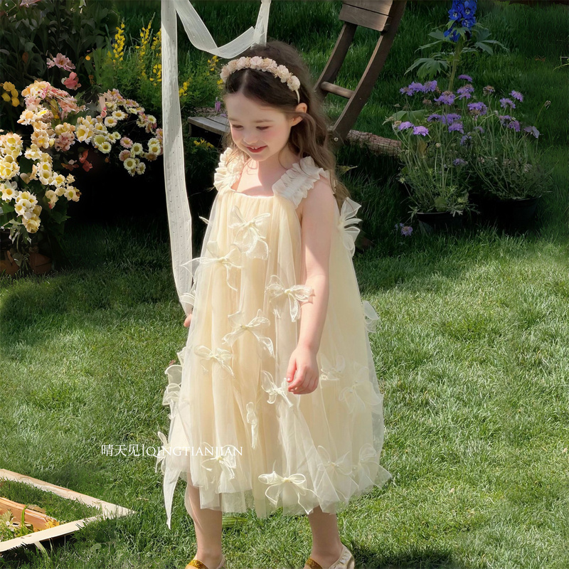Sunny Day Girls' 26 Summer Bowknot Sleeveless Mesh Dress Sweet Princess Puffy Cake Dress Stylish Children's Day