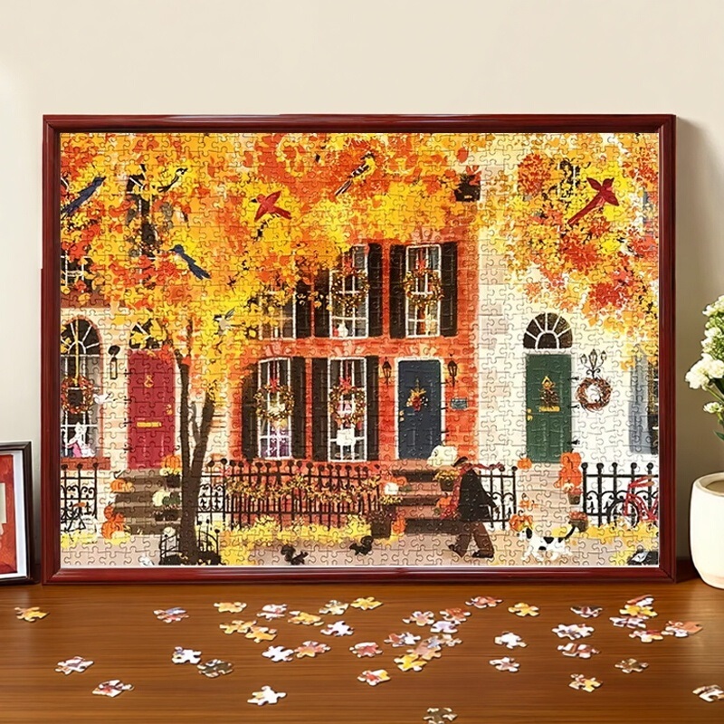 Autumn Neighborhood Street Puzzle Photo Frame City Lights Plastic Solid Wood 1000 Pieces 50.8*68.6 Framed