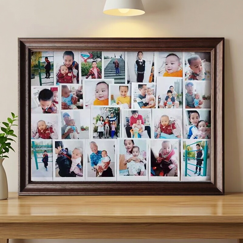 Nostalgic Wall-Mounted Display Frame for Multiple Photos from the 80S, Made of Wood and Glass, Suitable for Home Use