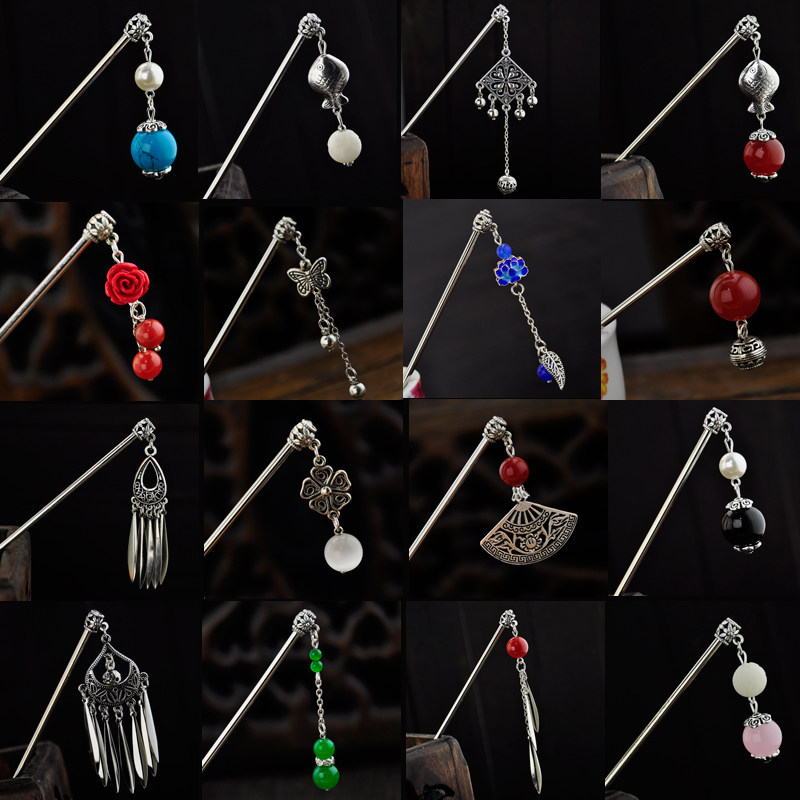 Vintage Agate Chalcedony Bodhi seedling Silver Classical long hair hairpin Children's straggling plate hair tassel National style Hanfu headdress