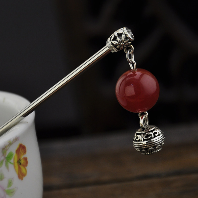 Retro Hair Accessories Red Agate Large Pearl Miao Silver Transit Pearl Classical Hair and Shaking Pan Hair for Female Gifts Woman Gifts