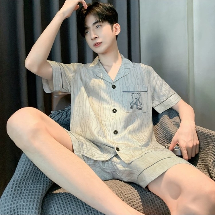Summer Ice Silk Short-Sleeved Men's Pajamas, Summer Style Cartoon Youth Silk Junior High School Student Men's Home Wear Set