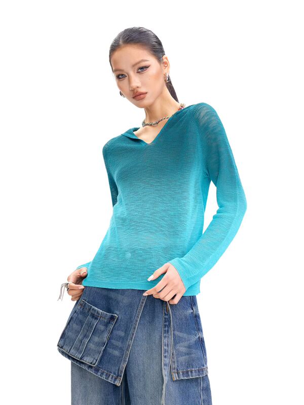 Tuogu Genuine 2026 Spring New Fashion Versatile Slim-Fit Hooded Gradient Knit Sweater for Women C60693