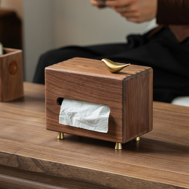Light Luxury North American Black Walnut Solid Wood Copper Bird Tissue Box Storage New Chinese Style Living Room Hotel High-End Tissue Box