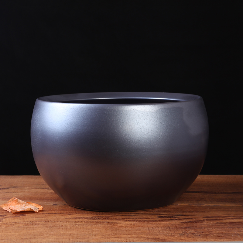 Jingdezhen Ceramic Fish Tank Bowl Lotus Sleeping Lotus Flower Pot European-style desktop porcelain cylinder pure black large size gold fish tank