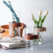  Nordic creative leather vase Living room decoration ornaments Simple hydroponic flower household countertop transparent glass vase