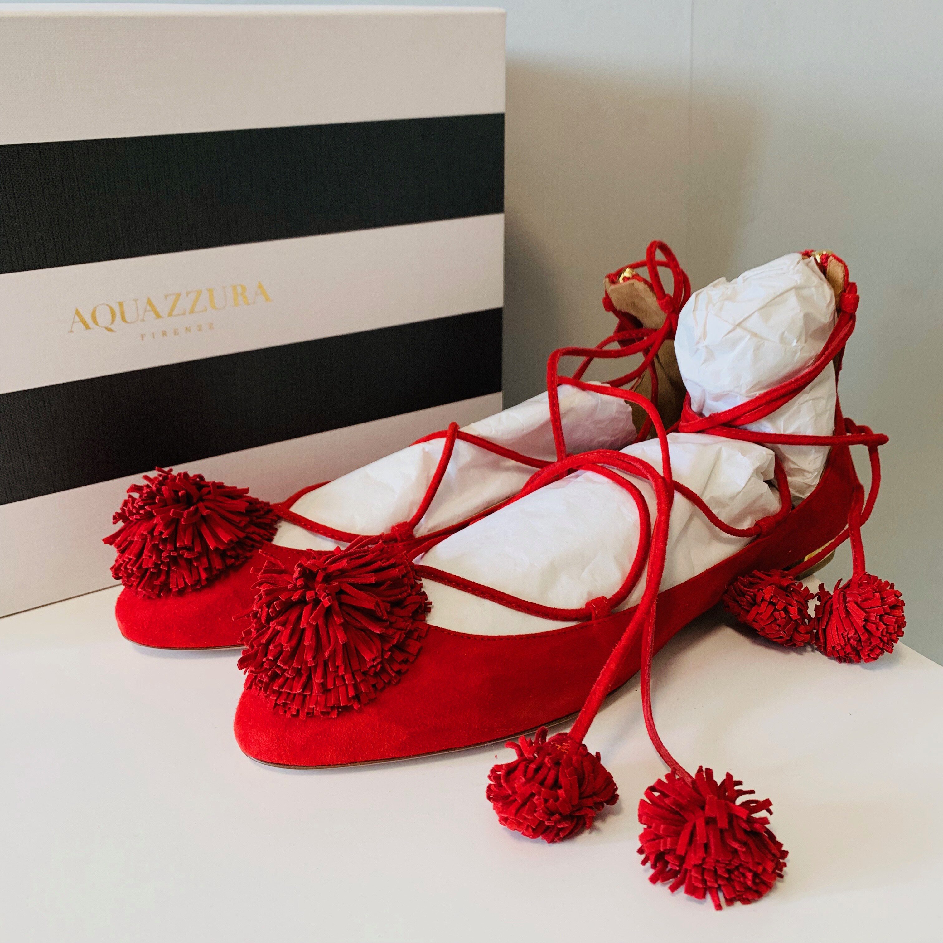 Spot 38 5) AQUAZZURA big pineapple tassel ball embellished lace up ballet flats