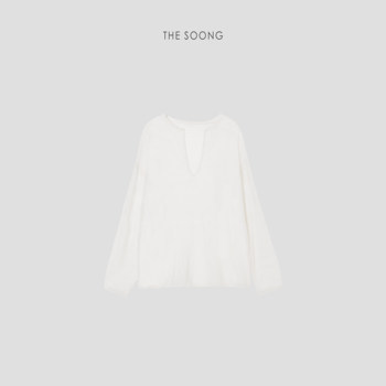 THESOONG/Spun silk blouse 16-stitch spun silk ຄໍ V ຜ້າ linen ບາງ worsted top-conditioning.