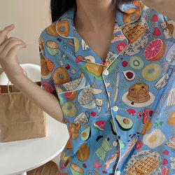 Japan Gp pure cotton Pajamas for Women Blue Picnic Short-Sleeved shorts Home Clothes Plaid Soft and Breathable Suit Can Be Worn Outside