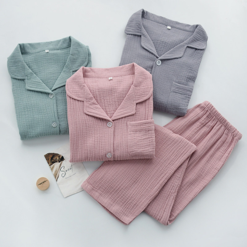 Wash all cotton dressing pajamas men and women spring and autumn pure cotton double-deck gauze long sleeve Japanese style couples home suit