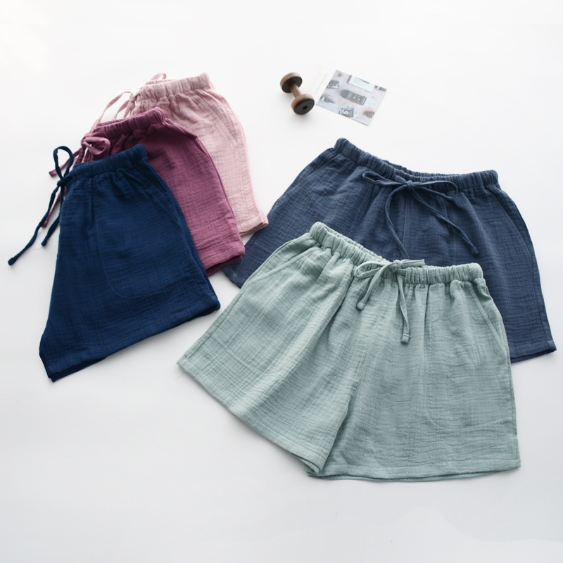 Washable Simple Pajama Pants for Men and Women, Summer Pure Cotton Gauze Double-Layer Thin Loose Couple Shorts, Home Pants, Beach Pants