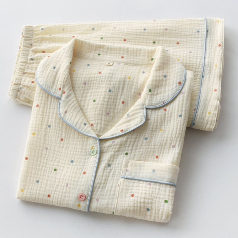 Colorful Polka Dot Candy Bean Pajamas for Women, Summer Pure Cotton Gauze Thin Loose Short-Sleeved Shorts Cardigan Loungewear Set Colorful Polka Dot Candy Bean Pajamas for Women, Summer Pure Cotton Gauze Thin Loose Short-Sleeved Shorts Cardigan Loungewear Set