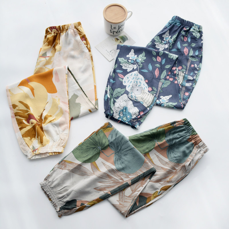 Artificial Cotton Printed Nordic Wind Close-up Sleeping Pants Woman Summer cotton thin section Loose Anti-mosquito Pants Long Pants Home Pants