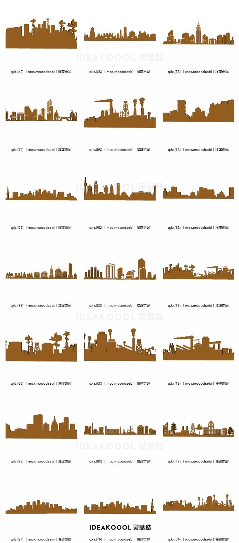 现代镂空耐候锈钣城市地标建筑群剪影景墙雕塑SU模型丨