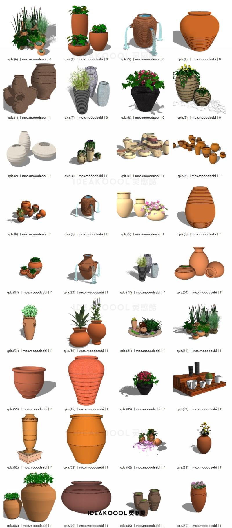 商业街花钵陶罐花坛居住小区别墅庭院种植池花箱效果图草图SU模型丨