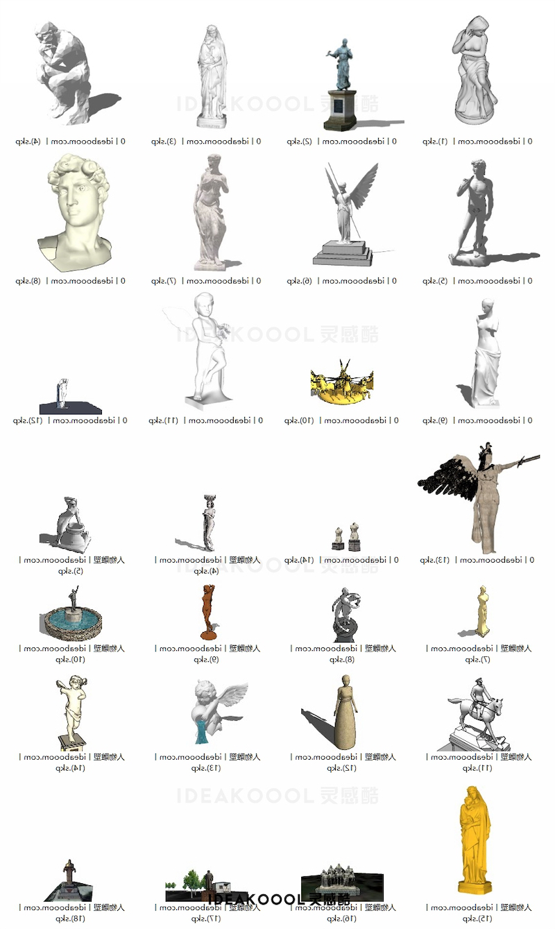 欧式人物雕像丨欧式石膏头像古希腊神话人物大卫思考者美术雕塑SU模型丨