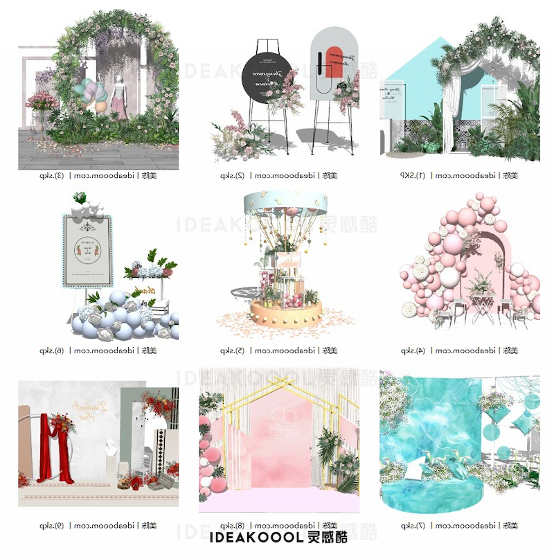 婚庆合影区婚礼布景丨鲜花拱门气球美陈背景墙绿植SU模型丨