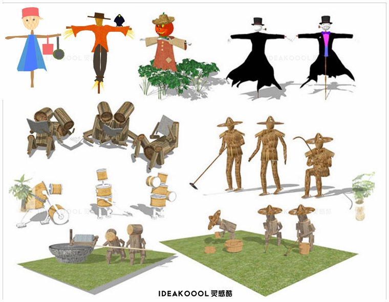 稻草人木偶木头小人丨乡村农场农田雕塑小品SU模型丨