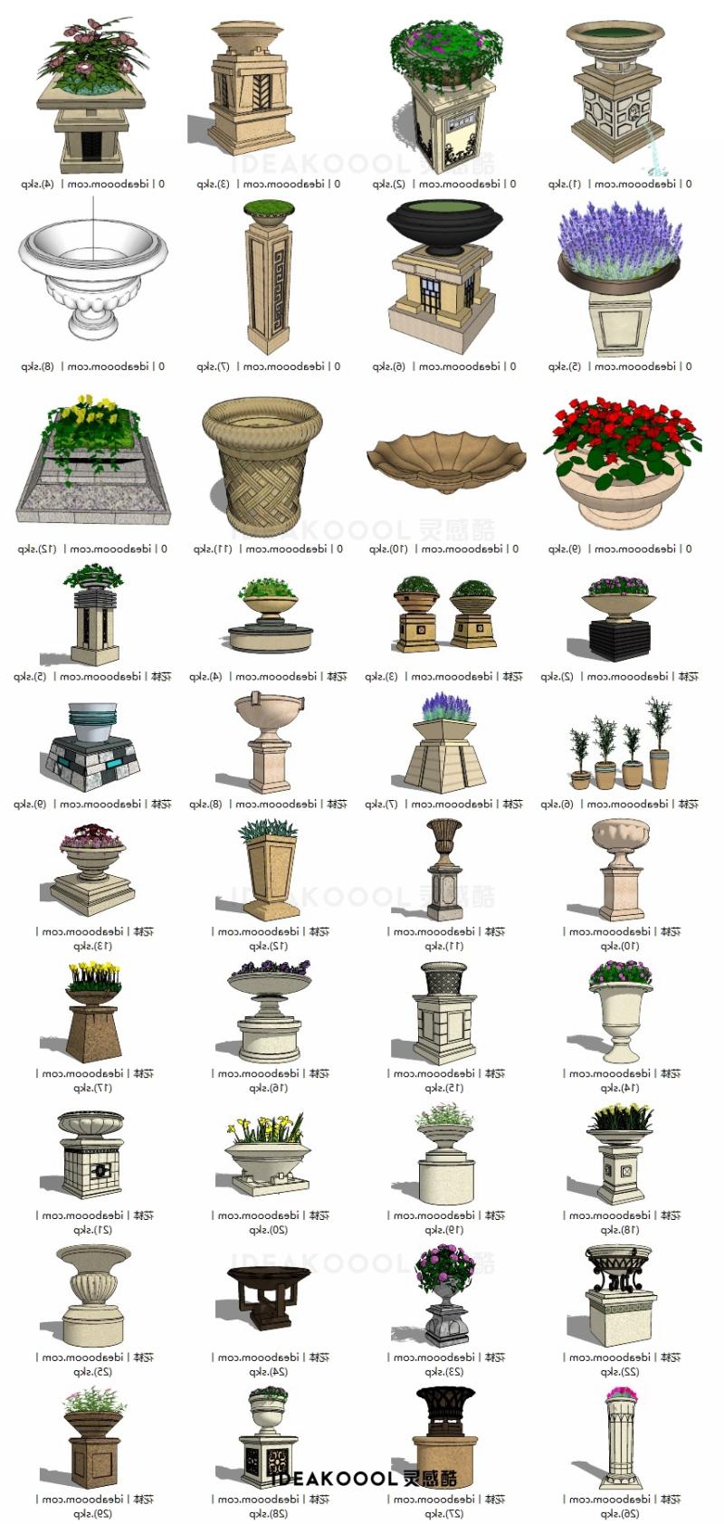 欧式新古典住宅居住区柱子花池花钵种植盆景观SU模型丨