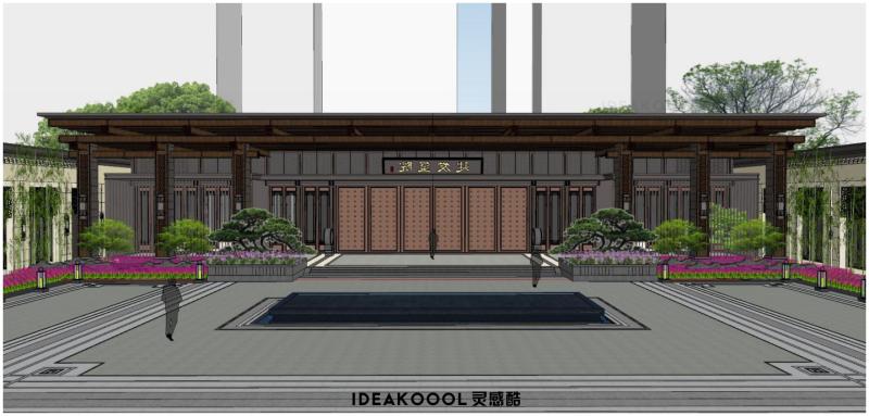 中式园林玺院展示范区售楼处居住区入口景观SU模型丨