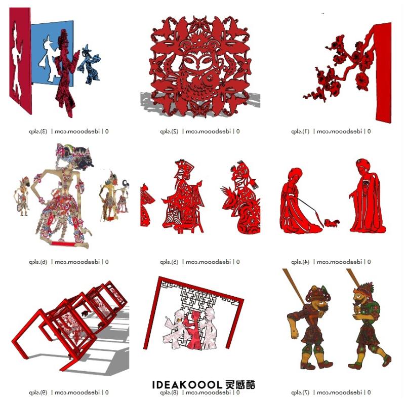 新中式古代皮影戏人物剪影锈钣景墙人物雕塑小品SU模型丨