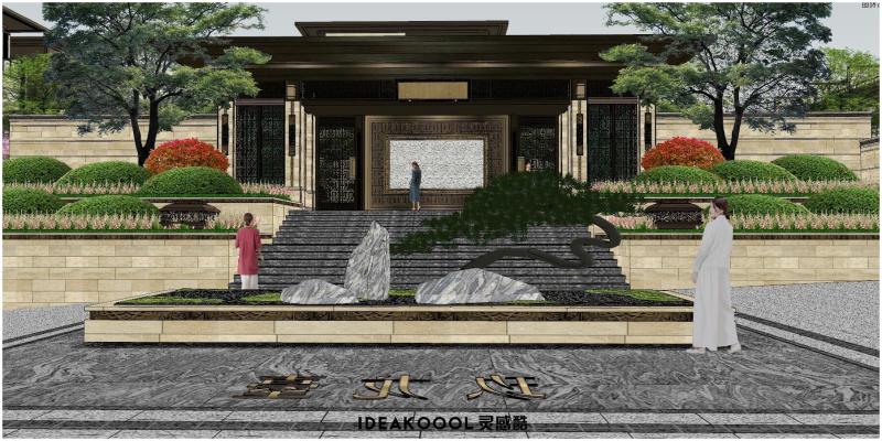中式龙台居住大区入口入户宅间庭院花园路景观效果图草图SU模型丨
