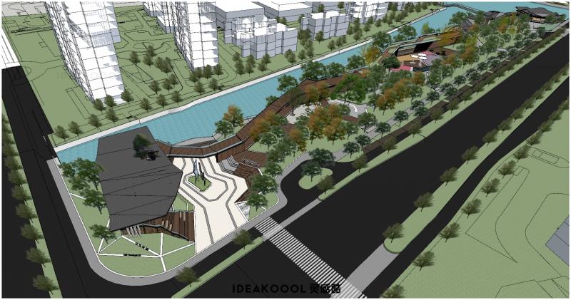 折线式滨水河道风雨连廊长廊公园广场建筑景观SU模型丨