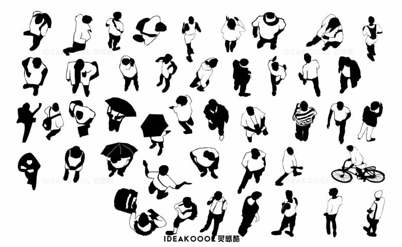 AI矢量黑白剪影平面鸟瞰俯视图人物丨