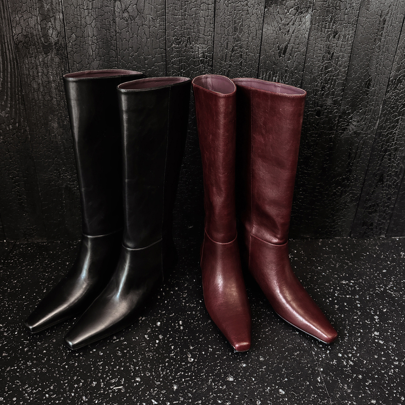 Full Leather Fashionable Elegant Genuine Leather Cowhide High Boots Long Boots Square Toe Chunky Heel Women's Boots Long Boots Riding Boots