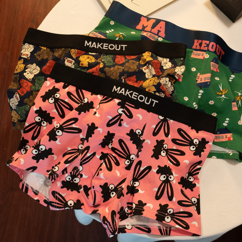 Men's Cotton Breathable Antibacterial Pink Trendy Personalized Youth Boxer Briefs Cartoon Bear