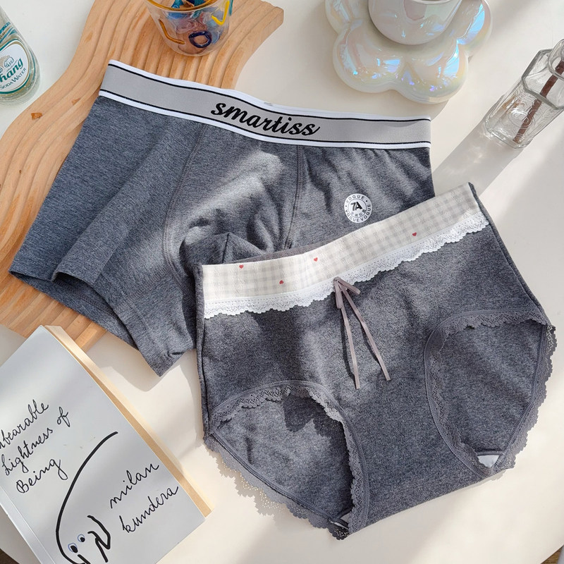 Korean Style Vitality~ Pure Cotton Breathable and Comfortable Mid-High Waist Plaid Color-Blocking Smoke Gray Couple's Underwear Men's Underwear