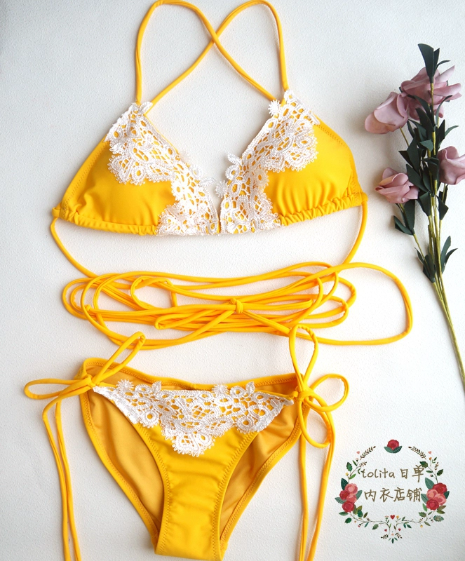 Màu vàng sexy bikini ren áo tắm phụ nữ ba điểm kích thước dây đeo ngực đồ bơi kỳ nghỉ mùa xuân nóng - Bikinis