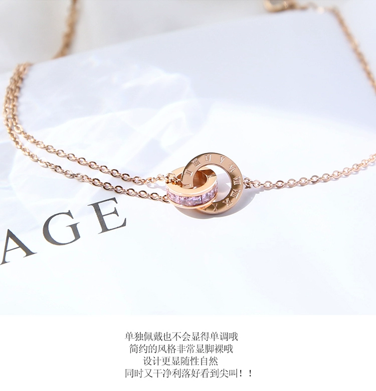 Nhật Bản và Hàn Quốc titan thép màu pha lê đôi nhẫn zircon vàng hồng vòng chân nữ không phai thời trang hoang dã chống dị ứng trang sức lắc chân nữ bạch kim