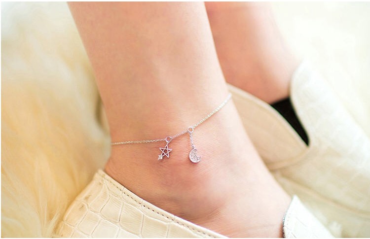 S925 trang sức bạc sterling vòng chân sao sáu cánh mong muốn ngôi sao phiên bản Hàn Quốc của đồ trang trí chân nữ đơn giản tươi Hàn Quốc của Tanabata lắc chân vàng PNJ