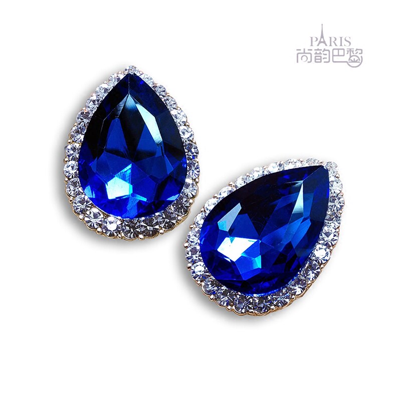 European and American atmospheric gemstone blue earrings earrings red crystal water drop diamond anti-allergic earrings without pierced ear clips