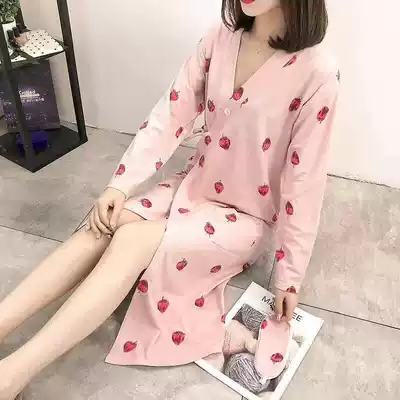 Medium and long version of pajamas women's spring long sleeve V-neck bathrobe strawberry lace dressing gown women autumn sexy split pajamas dress tide