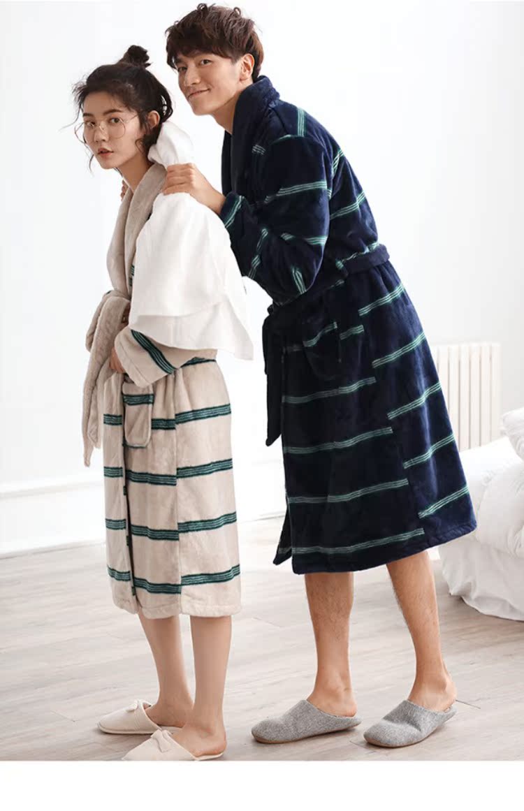Dưới đây mùa thu và mùa đông san hô lông cừu vài bộ đồ ngủ người phụ nữ gợi cảm ấm áp áo choàng đơn giản nam flannel áo choàng dài tay - Night Robe áo choàng ngủ nam