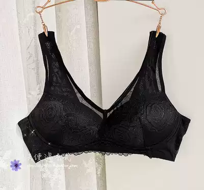 Thin no steel ring underwear women's side receiving milk back bra does not fall shoulder strap bra lace rose sexy pure black