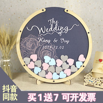 Round blue elegant sign-in desk hipster creative wood chip signature photo frame custom blessing wish sign-in board