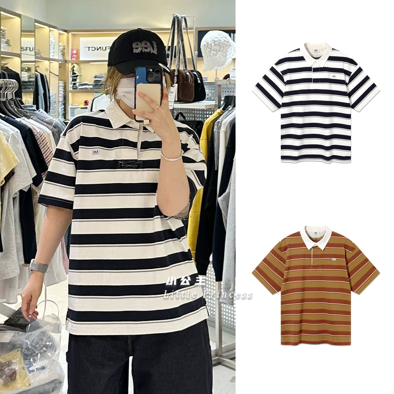 Directly Shipped from Korea Lee Short-Sleeve T-Shirt with Polo Collar, Striped Color-Blocking, Loose Fit, Korean Style, Unisex, Summer 26