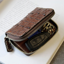 DEEP BROWN CROCODILE BACK BONE LEATHER ZIPPER KEY BAG PURE HAND SEWN SHORT CAR KEY BAG CARD BAG