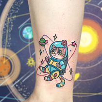 Over 15 yuan cat astronaut Japanese tattoo stickers Waterproof female long-lasting simulation Korean tide stickers