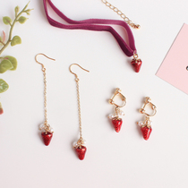 South Korea sweet temperament red strawberry earrings without ear hole ear clip ear clip screw clip long earring necklace set