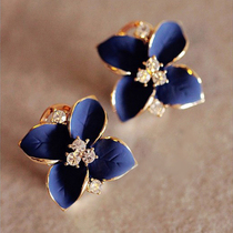Korean version of Japan and South Korea OL temperament royal blue diamond-set small leaves without pierced ears earrings Korean fashion earrings earrings women