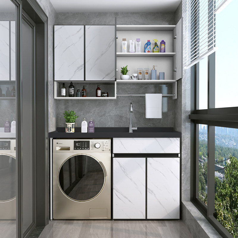 Space aluminum balcony washing machine cabinet combination Quartz stone pool tank one-piece cabinet companion with washboard wash basin customization